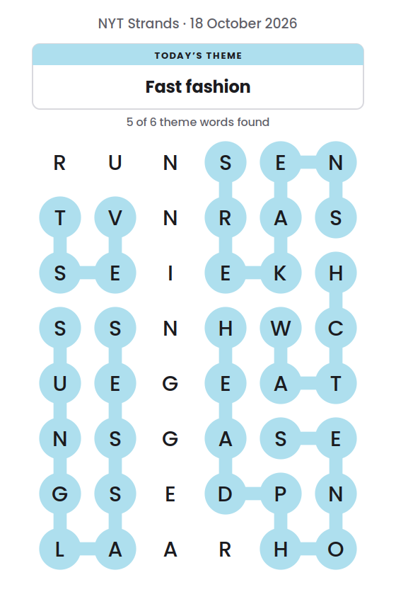 NYT Strands board for 18 October 2026 with 5 of 6 words found; the newest is WATCH.