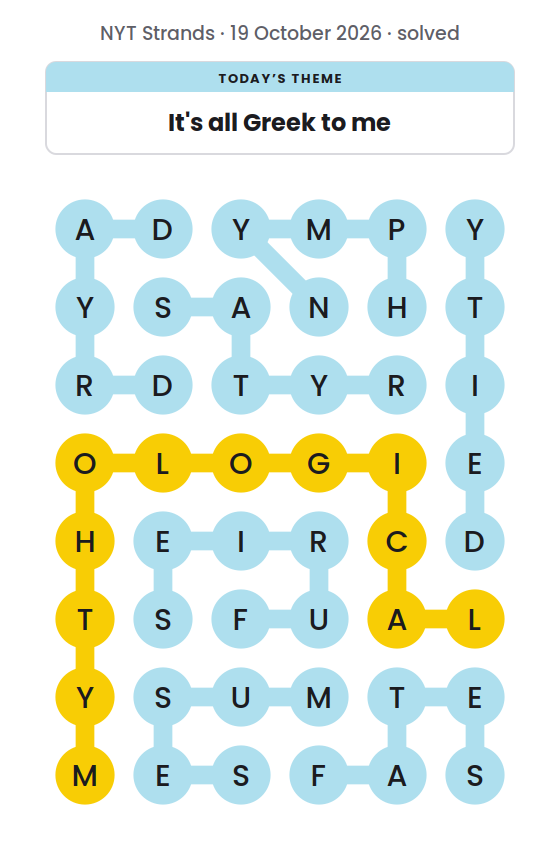 Solved NYT Strands board for 19 October 2026, with the spangram MYTHOLOGICAL in yellow and the theme words DEITY, DRYAD, FATES, FURIES, MUSES, NYMPH and SATYR.