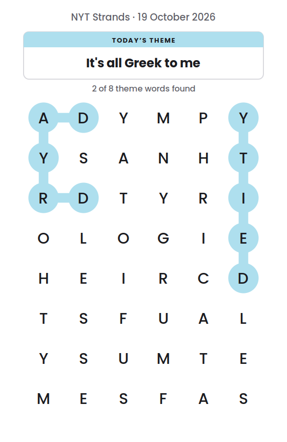 NYT Strands board for 19 October 2026 with 2 of 8 words found; the newest is DRYAD.