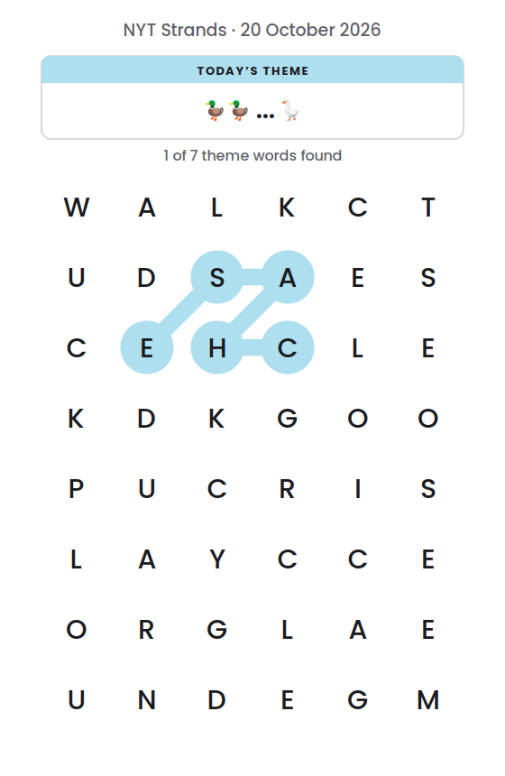 NYT Strands board for 20 October 2026 with 1 of 7 words found; the newest is CHASE.