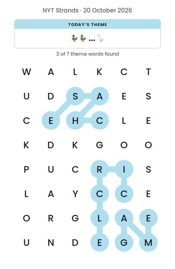 NYT Strands board for 20 October 2026 with 3 of 7 words found; the newest is GAME.
