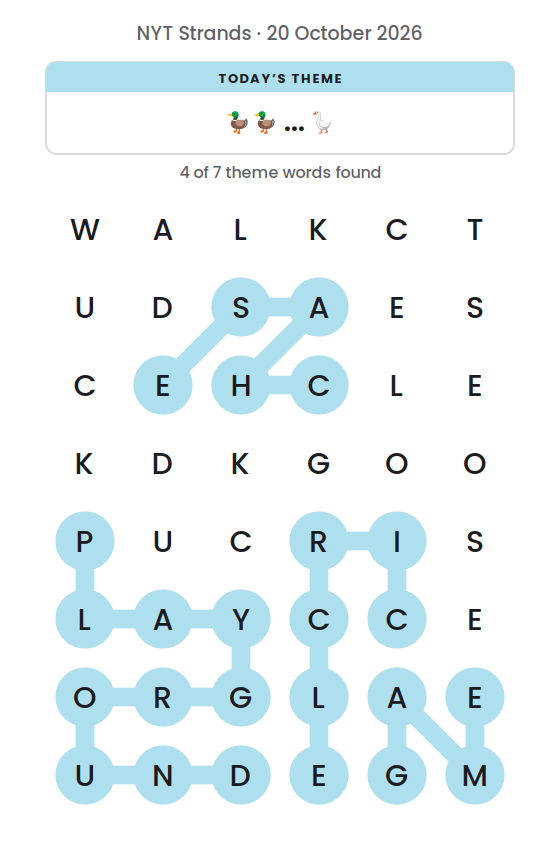 NYT Strands board for 20 October 2026 with 4 of 7 words found; the newest is PLAYGROUND.