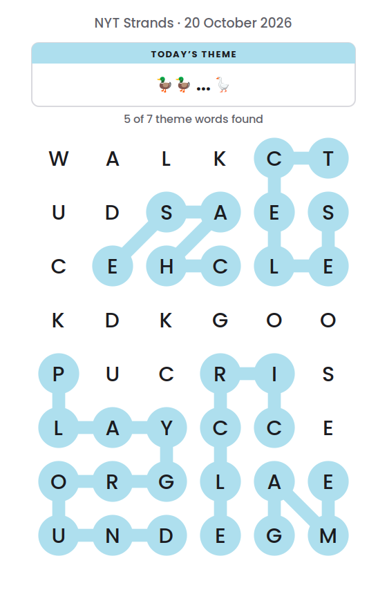 NYT Strands board for 20 October 2026 with 5 of 7 words found; the newest is SELECT.