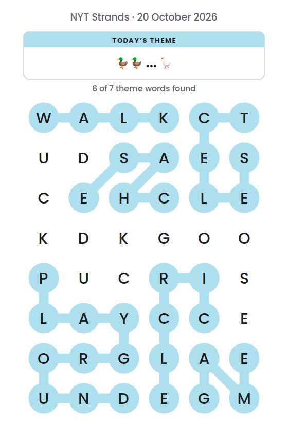 NYT Strands board for 20 October 2026 with 6 of 7 words found; the newest is WALK.