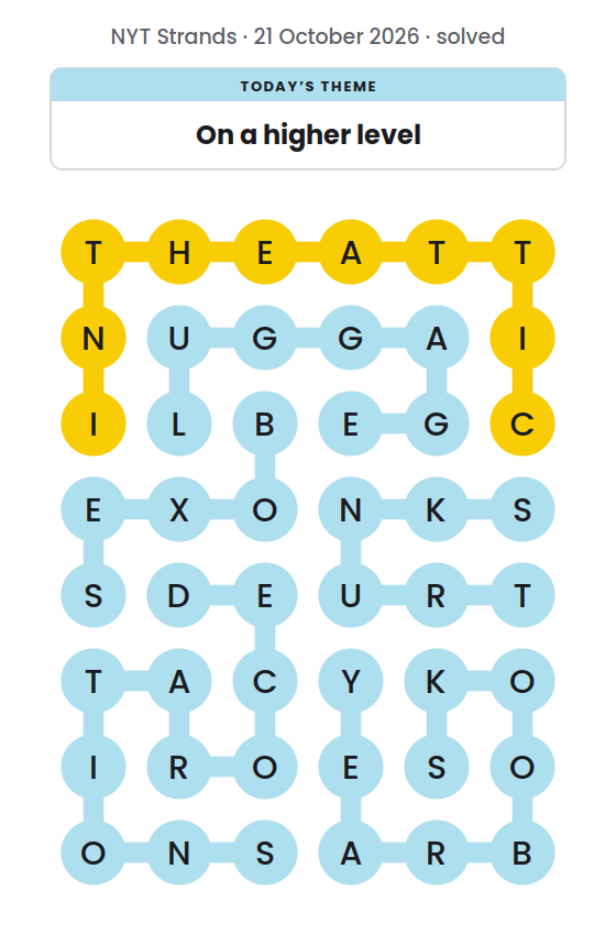 Solved NYT Strands board for 21 October 2026, with the spangram INTHEATTIC in yellow and the theme words BOXES, DECORATIONS, LUGGAGE, TRUNKS and YEARBOOKS.