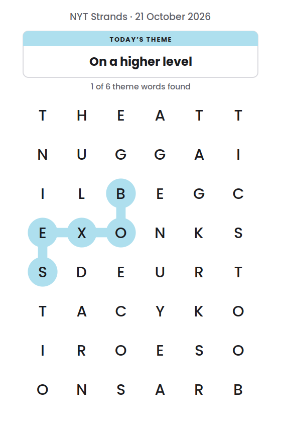 NYT Strands board for 21 October 2026 with 1 of 6 words found; the newest is BOXES.