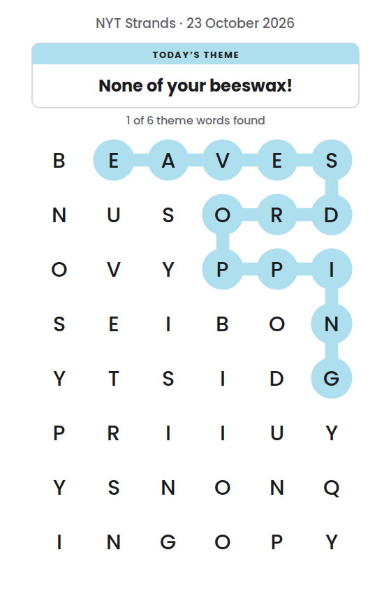 NYT Strands board for 23 October 2026 with 1 of 6 words found; the newest is EAVESDROPPING.