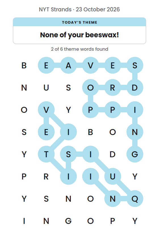NYT Strands board for 23 October 2026 with 2 of 6 words found; the newest is INQUISITIVE.