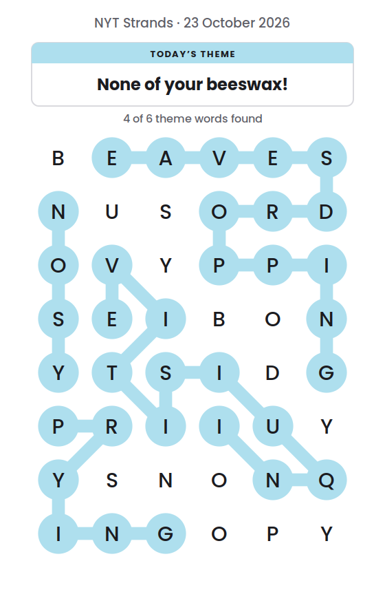 NYT Strands board for 23 October 2026 with 4 of 6 words found; the newest is PRYING.