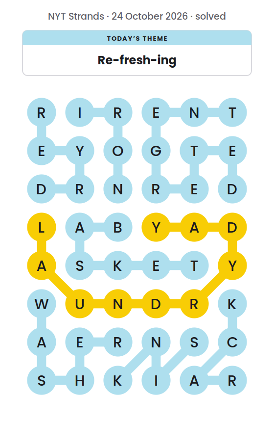 Solved NYT Strands board for 24 October 2026, with the spangram LAUNDRYDAY in yellow and the theme words BASKET, DETERGENT, DRYER, IRON, RACK, SINK and WASHER.