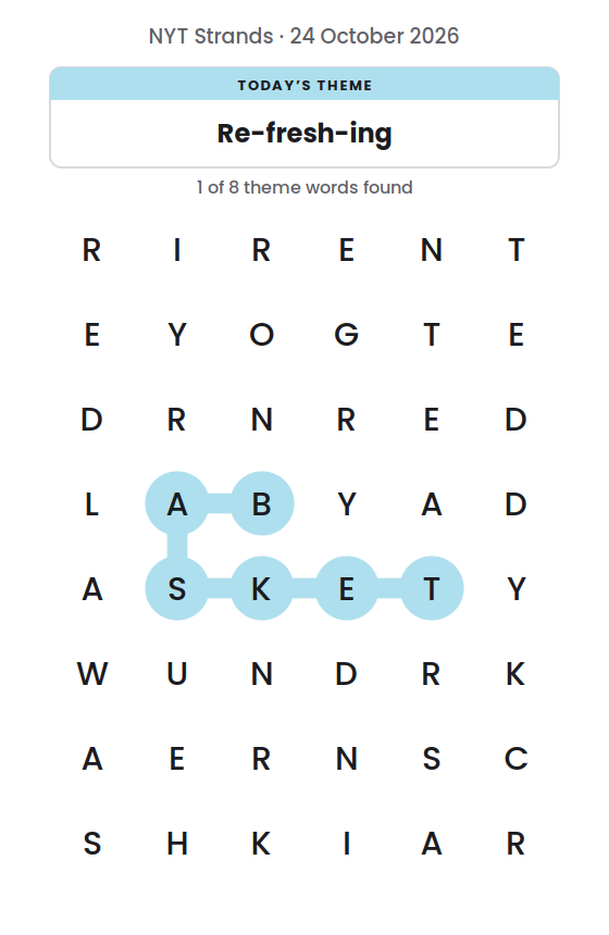 NYT Strands board for 24 October 2026 with 1 of 8 words found; the newest is BASKET.