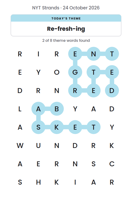 NYT Strands board for 24 October 2026 with 2 of 8 words found; the newest is DETERGENT.