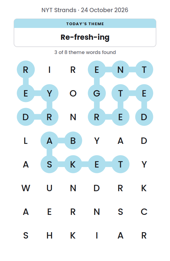 NYT Strands board for 24 October 2026 with 3 of 8 words found; the newest is DRYER.