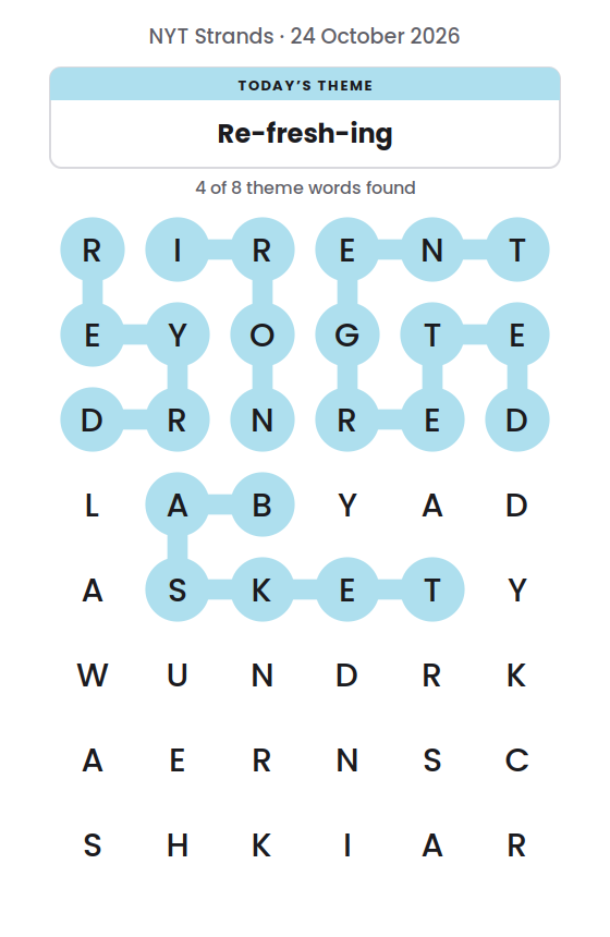NYT Strands board for 24 October 2026 with 4 of 8 words found; the newest is IRON.