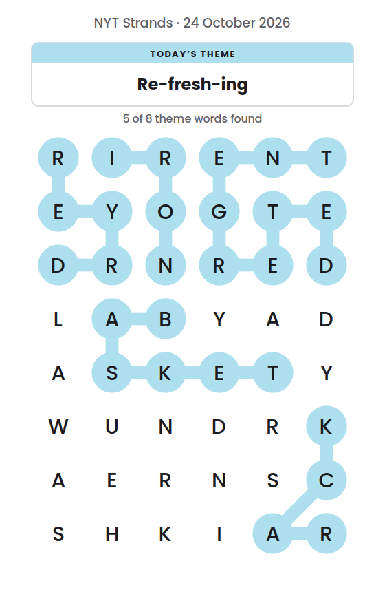 NYT Strands board for 24 October 2026 with 5 of 8 words found; the newest is RACK.