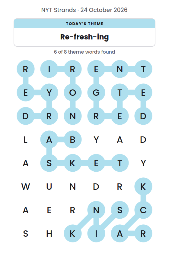 NYT Strands board for 24 October 2026 with 6 of 8 words found; the newest is SINK.