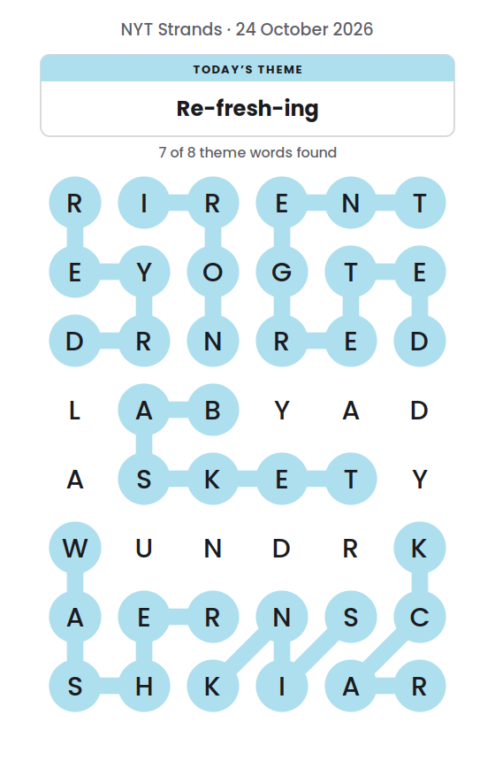 NYT Strands board for 24 October 2026 with 7 of 8 words found; the newest is WASHER.