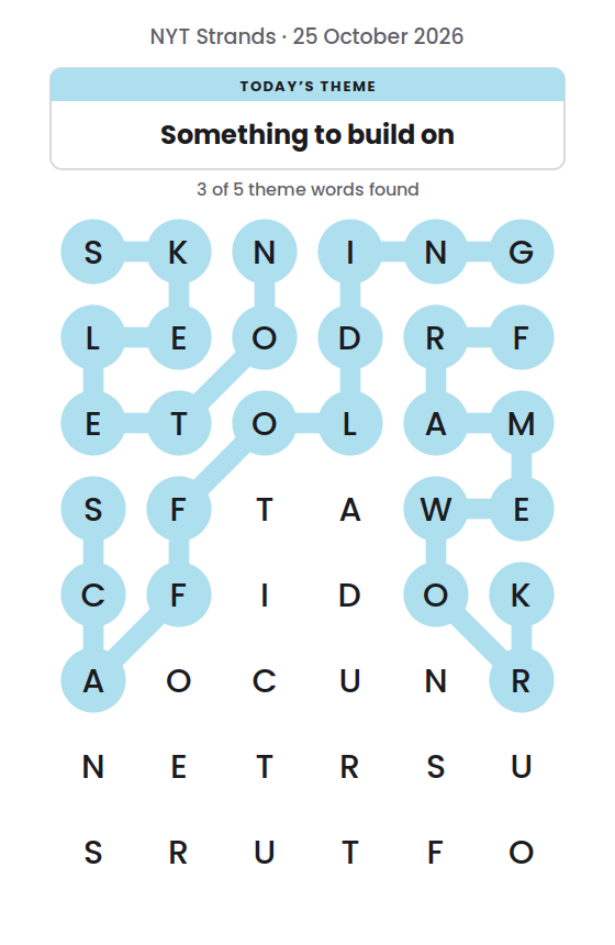 NYT Strands board for 25 October 2026 with 3 of 5 words found; the newest is SKELETON.