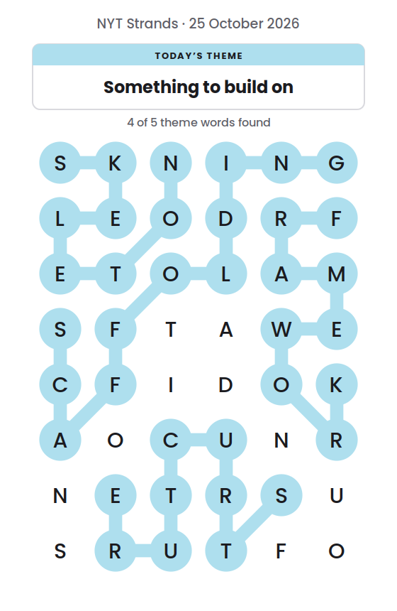 NYT Strands board for 25 October 2026 with 4 of 5 words found; the newest is STRUCTURE.