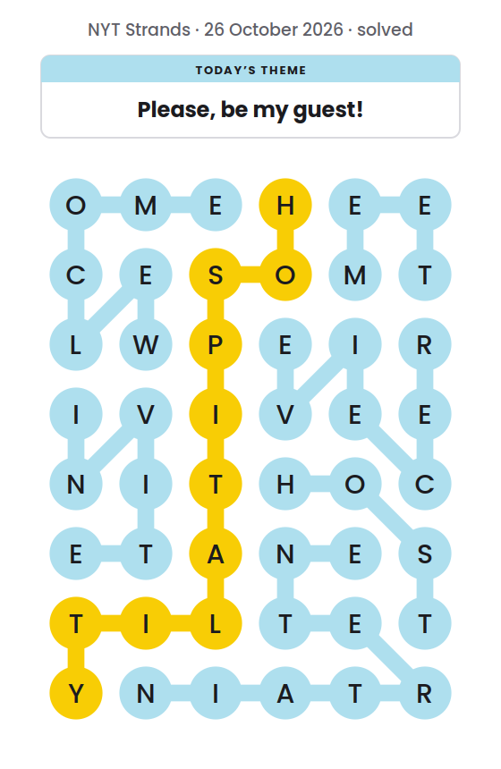 Solved NYT Strands board for 26 October 2026, with the spangram HOSPITALITY in yellow and the theme words ENTERTAIN, HOST, INVITE, MEET, RECEIVE and WELCOME.