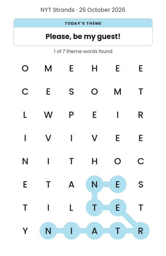 NYT Strands board for 26 October 2026 with 1 of 7 words found; the newest is ENTERTAIN.