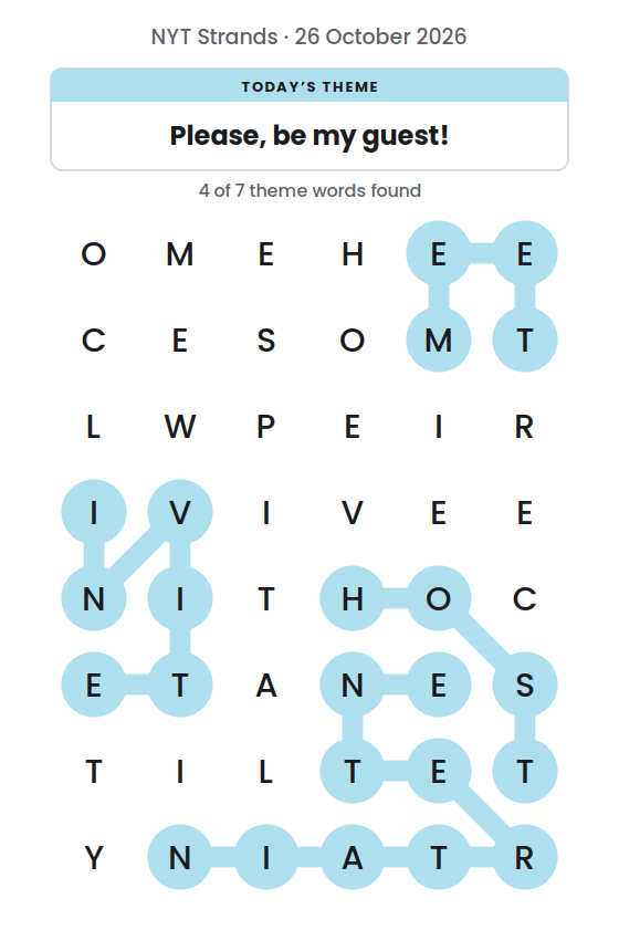 NYT Strands board for 26 October 2026 with 4 of 7 words found; the newest is MEET.