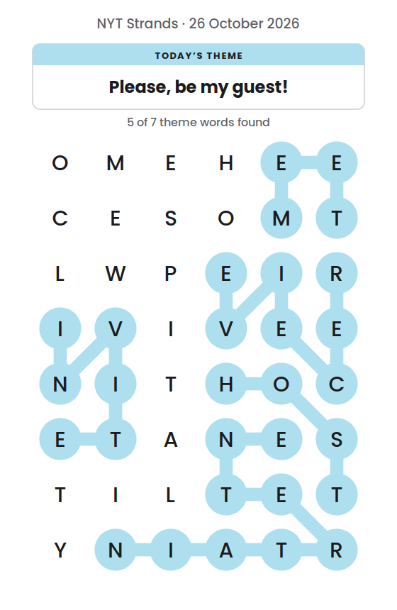 NYT Strands board for 26 October 2026 with 5 of 7 words found; the newest is RECEIVE.