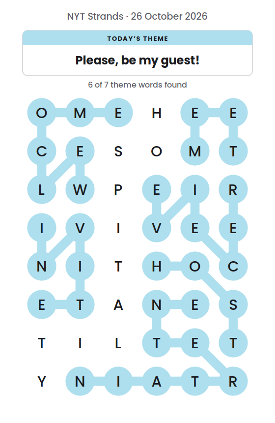 NYT Strands board for 26 October 2026 with 6 of 7 words found; the newest is WELCOME.