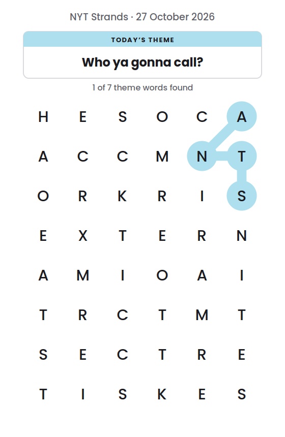 NYT Strands board for 27 October 2026 with 1 of 7 words found; the newest is ANTS.