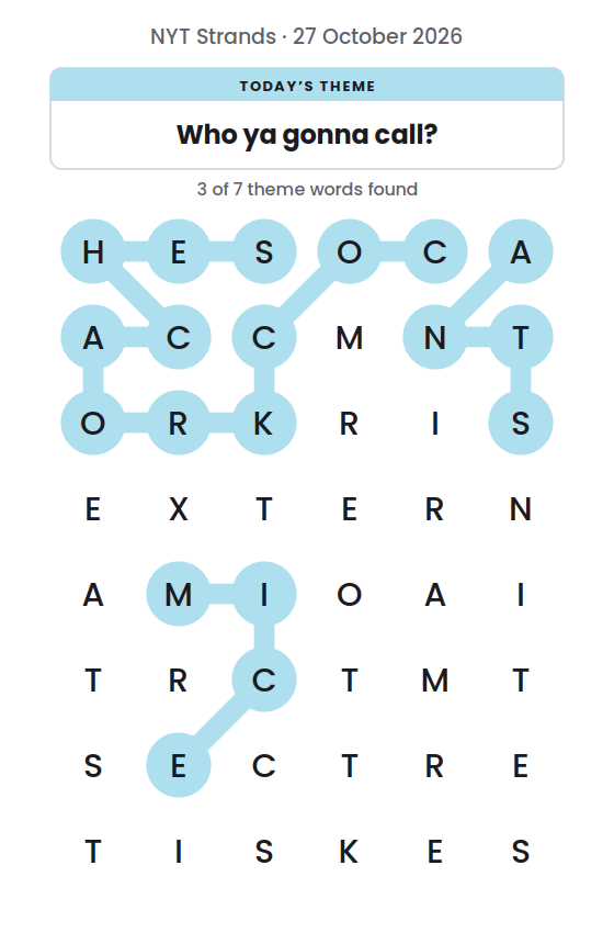 NYT Strands board for 27 October 2026 with 3 of 7 words found; the newest is MICE.