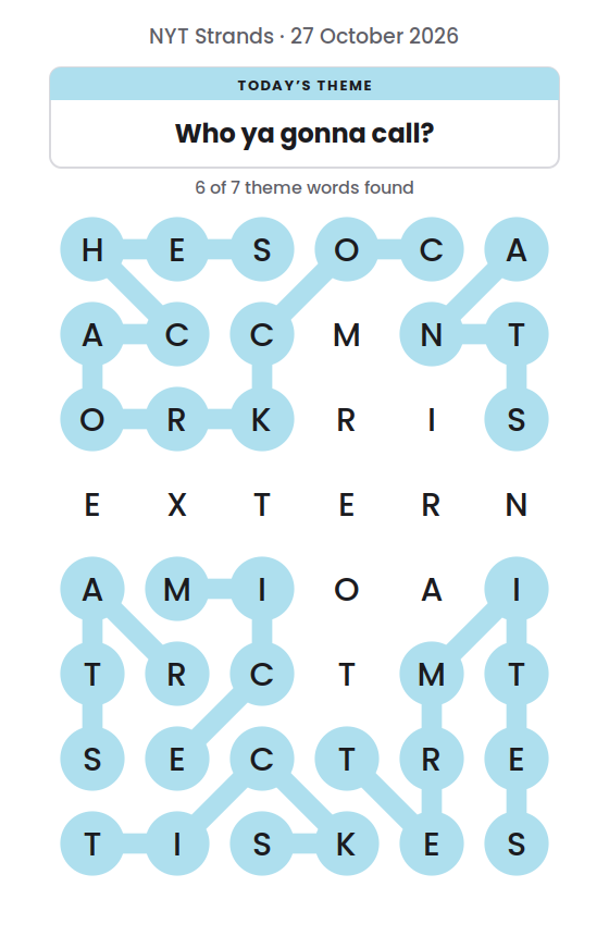 NYT Strands board for 27 October 2026 with 6 of 7 words found; the newest is TICKS.
