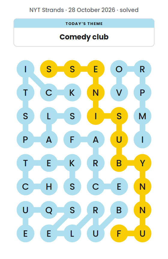 Solved NYT Strands board for 28 October 2026, with the spangram FUNNYBUSINESS in yellow and the theme words BURLESQUE, FARCE, IMPROV, SKETCH and SLAPSTICK.
