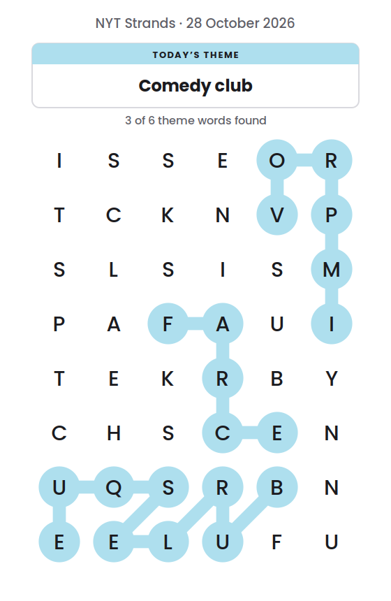 NYT Strands board for 28 October 2026 with 3 of 6 words found; the newest is IMPROV.