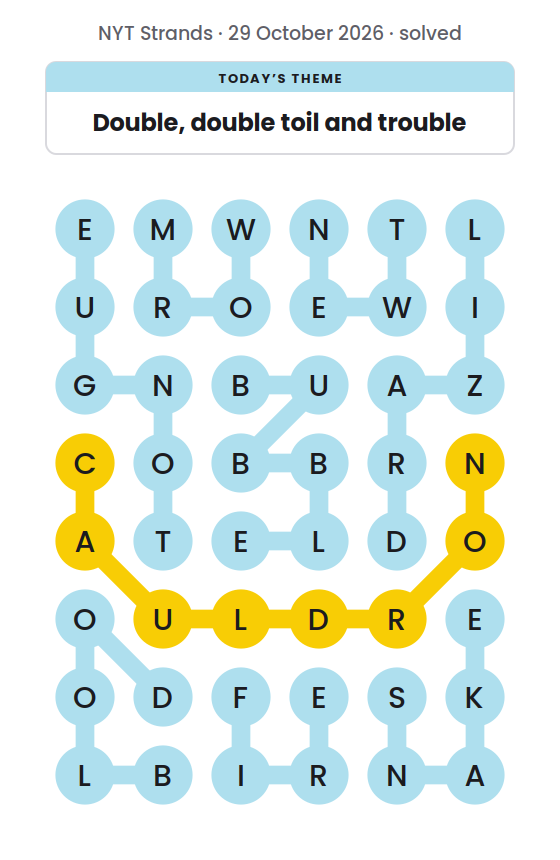 Solved NYT Strands board for 29 October 2026, with the spangram CAULDRON in yellow and the theme words BLOOD, BUBBLE, FIRE, LIZARD, NEWT, SNAKE, TONGUE and WORM.
