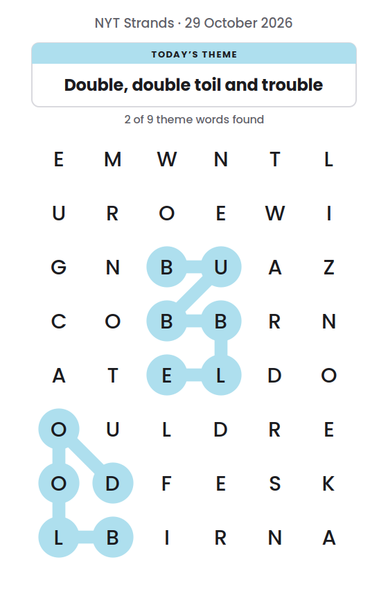 NYT Strands board for 29 October 2026 with 2 of 9 words found; the newest is BUBBLE.