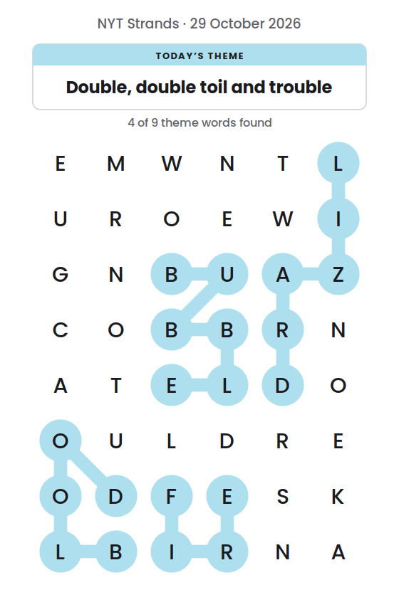 NYT Strands board for 29 October 2026 with 4 of 9 words found; the newest is LIZARD.