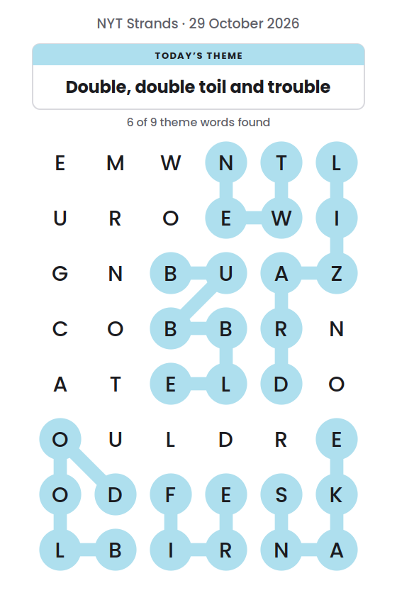 NYT Strands board for 29 October 2026 with 6 of 9 words found; the newest is SNAKE.