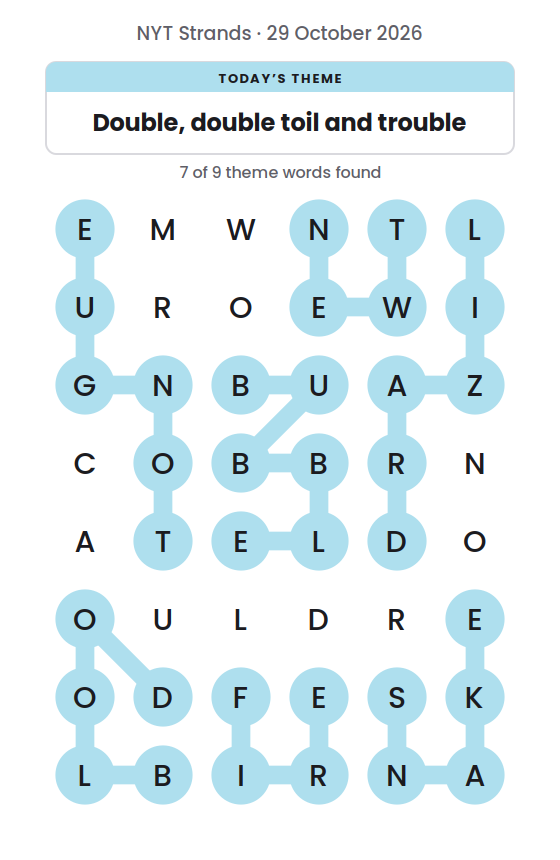 NYT Strands board for 29 October 2026 with 7 of 9 words found; the newest is TONGUE.