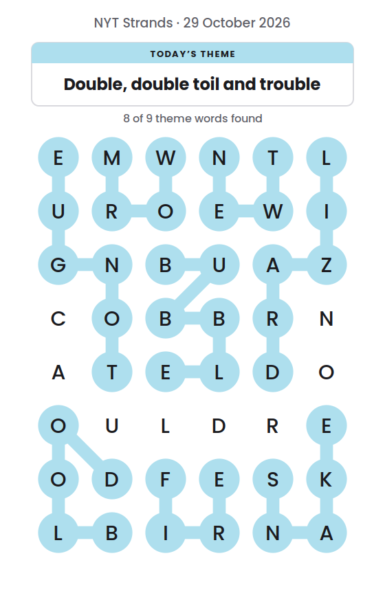 NYT Strands board for 29 October 2026 with 8 of 9 words found; the newest is WORM.