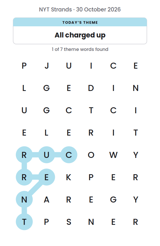 NYT Strands board for 30 October 2026 with 1 of 7 words found; the newest is CURRENT.