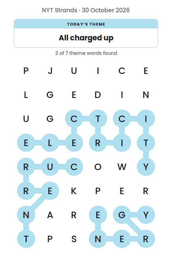 NYT Strands board for 30 October 2026 with 3 of 7 words found; the newest is ENERGY.
