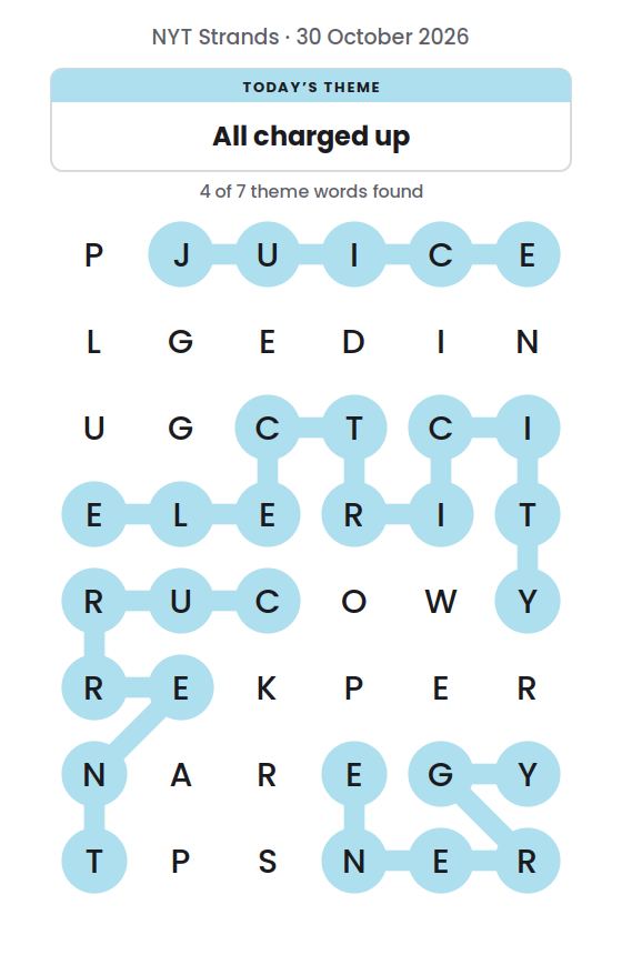 NYT Strands board for 30 October 2026 with 4 of 7 words found; the newest is JUICE.