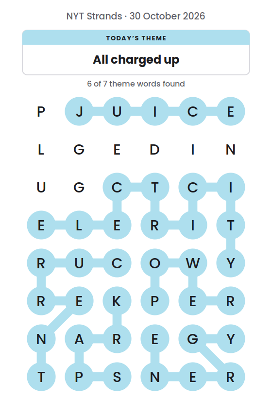 NYT Strands board for 30 October 2026 with 6 of 7 words found; the newest is SPARK.