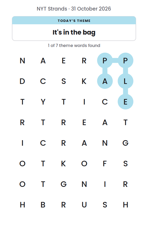 NYT Strands board for 31 October 2026 with 1 of 7 words found; the newest is APPLE.
