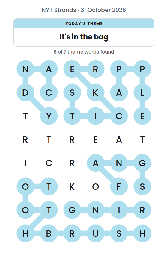 NYT Strands board for 31 October 2026 with 6 of 7 words found; the newest is TOOTHBRUSH.