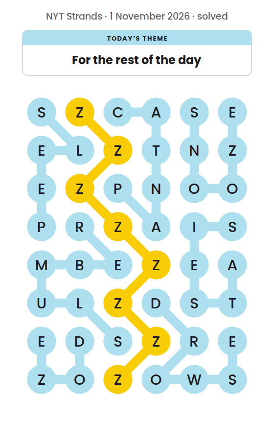Solved NYT Strands board for 1 November 2026, with the spangram ZZZZZZZZ in yellow and the theme words CATNAP, DOZE, DROWSE, SIESTA, SLEEP, SLUMBER and SNOOZE.