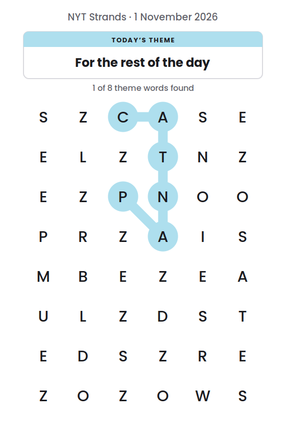 NYT Strands board for 1 November 2026 with 1 of 8 words found; the newest is CATNAP.
