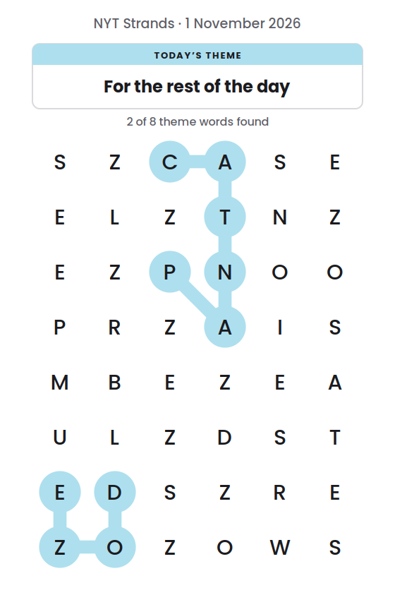 NYT Strands board for 1 November 2026 with 2 of 8 words found; the newest is DOZE.