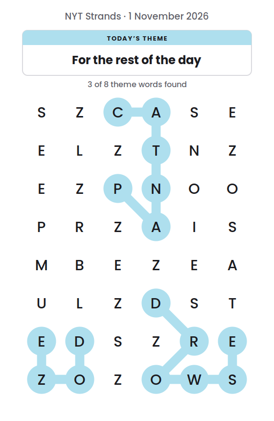 NYT Strands board for 1 November 2026 with 3 of 8 words found; the newest is DROWSE.
