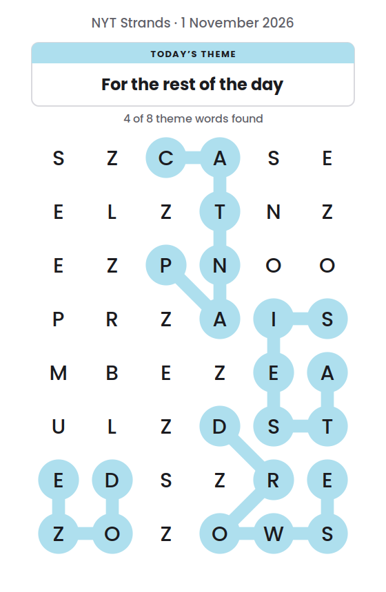 NYT Strands board for 1 November 2026 with 4 of 8 words found; the newest is SIESTA.